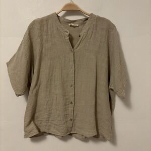 Eileen Fisher Shirt 100% Organic Linen Gingham Boxy Relaxed L Lagenlook